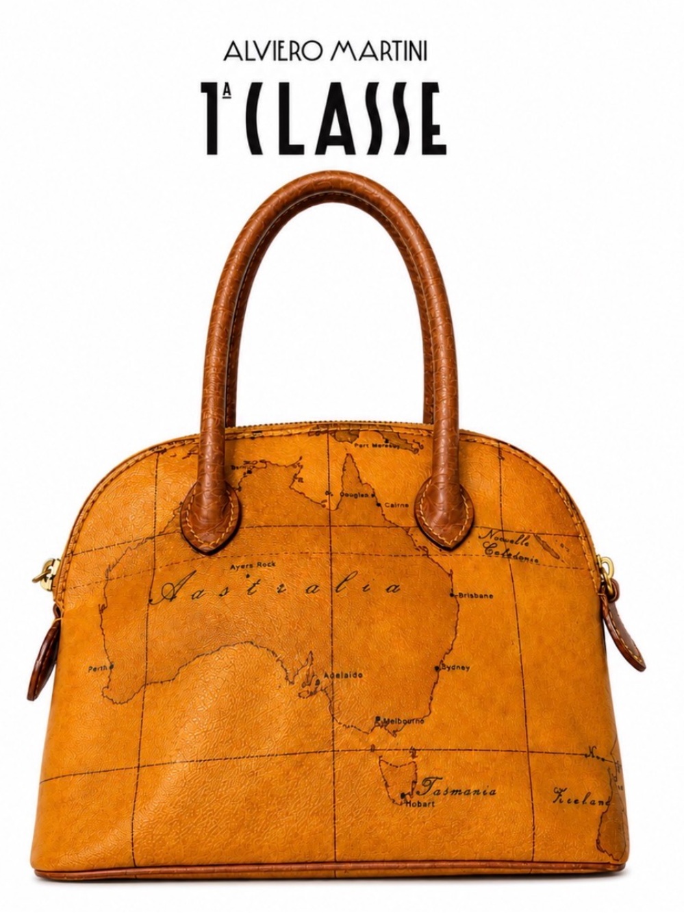 Alviero Martini Map-Print Dome Satchel in Cognac Tan